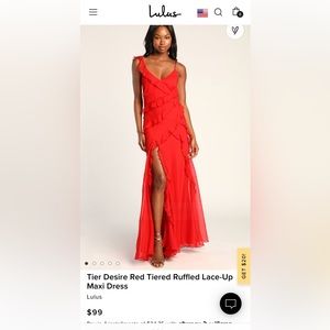 Lulu’s Desire Red Tiered Ruffle Lace-Up Maxi Dress with slit & adjustable straps